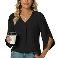 Женски Летен V-Вратот Печатени Блуза Краток Ракав Блузи Кејп Ракав Кошула Блузи Црна XL