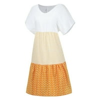 Aoksee женски модни фустани обични лабава лента за крпеница V-вратот со кратки ракави фустан, жолта