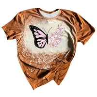 Врвови за кратки ракави за жени трендовски цвет пеперутка печатена изветвена маичка Туника Туника кратка ракав екипаж на екипажот