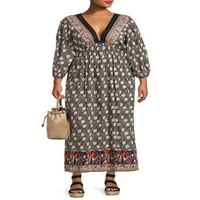 Романтичен цигански женски плус големина со долга ракав капчиња трим макси фустан