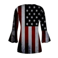 Женски Врвови В - Вратот Печатени Блуза Денот На Независноста Дами Мода Ракав Летни Туника Блузи Црна 2XL