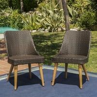 Дафне на отворено плетени столици за јадење со светло кафеаво дрво завршени метални нозе, сет од 2, повеќекратни