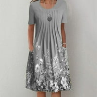 Жените Печатени Круг Деколте А-Линија Коленото Должина Мода Краток Ракав Летен Фустан Греј С