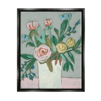 Модерни розови цвеќиња букет ботанички и цветни сликарски џет -џет -црни врамени уметнички печатени wallидни уметности