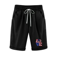 Женски Панталони За Печатење Американско Знаме Еластични Шорцеви За Половината Класични Панталони Памучни Ленени Шорцеви Црни XL